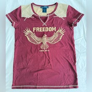 Cowgirl Tuff Burgundy and Beige Freedom Tee, ladies S